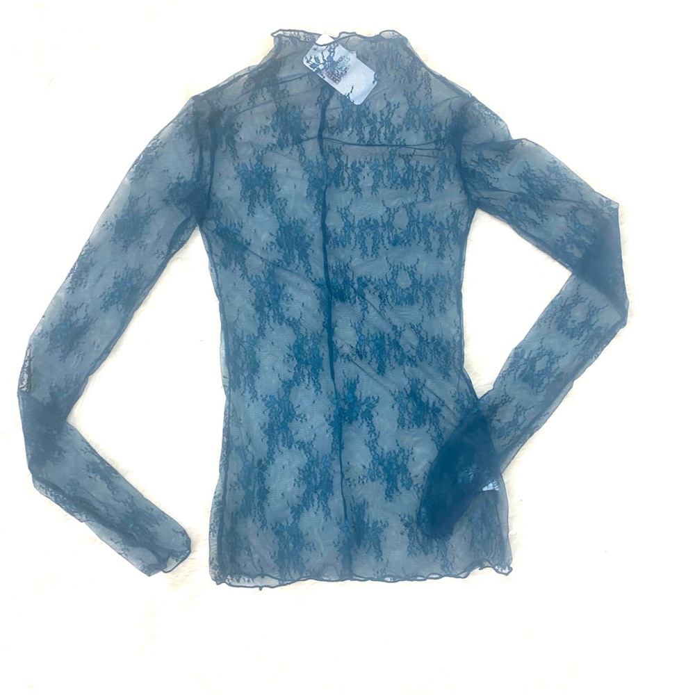 Mesh Lace Overlay Long Sleeve Top in Teal